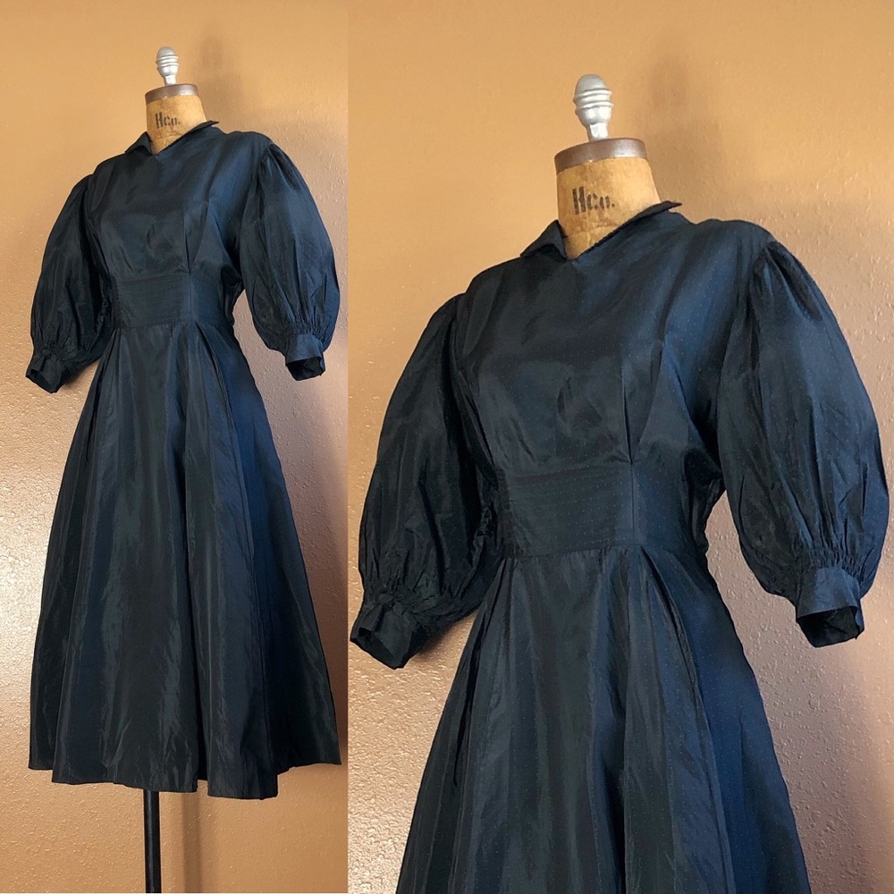 Vintage 40s Black + Green Micro Dot Dramatic Smocked Balloon Sleeve Party Dress